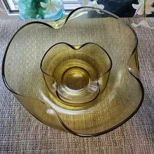 Vtg Yellow Amber Folded Chip Dip Serving Bowl Set 2pc